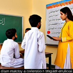 **Prompt:** "A vibrant Urdu classroom scene depicting students engaged in interactive learning using tablets and a smart whiteboard. The teacher, dressed in traditional shalwar kameez, is facilitating a group discussion. The classroom walls are adorned with colorful Urdu calligraphy and educational posters. This evokes a sense of innovation and student engagement."