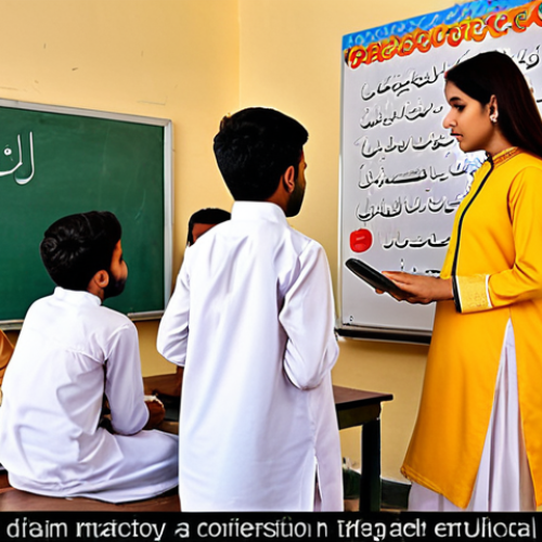 **Prompt:** "A vibrant Urdu classroom scene depicting students engaged in interactive learning using tablets and a smart whiteboard. The teacher, dressed in traditional shalwar kameez, is facilitating a group discussion. The classroom walls are adorned with colorful Urdu calligraphy and educational posters. This evokes a sense of innovation and student engagement."