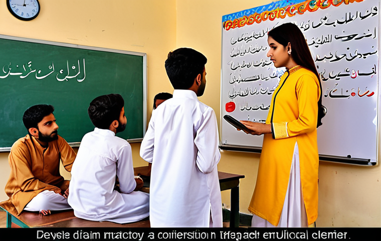 **Prompt:** "A vibrant Urdu classroom scene depicting students engaged in interactive learning using tablets and a smart whiteboard. The teacher, dressed in traditional shalwar kameez, is facilitating a group discussion. The classroom walls are adorned with colorful Urdu calligraphy and educational posters. This evokes a sense of innovation and student engagement."