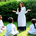 **

A professional female teacher, fully clothed in a modest shalwar kameez, teaching a group of children outdoors in a sunny garden. The children are also fully clothed in appropriate attire, engaged in a lesson about plants. Focus on a joyful and educational atmosphere. Safe for work, appropriate content, family-friendly, perfect anatomy, correct proportions, natural pose, well-formed hands, proper finger count, natural body proportions, professional photography, high quality.

**
