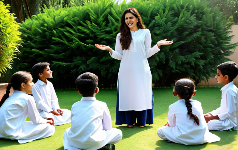 **
A professional female teacher, fully clothed in a modest shalwar kameez, teaching a group of children outdoors in a sunny garden. The children are also fully clothed in appropriate attire, engaged in a lesson about plants. Focus on a joyful and educational atmosphere. Safe for work, appropriate content, family-friendly, perfect anatomy, correct proportions, natural pose, well-formed hands, proper finger count, natural body proportions, professional photography, high quality.
**