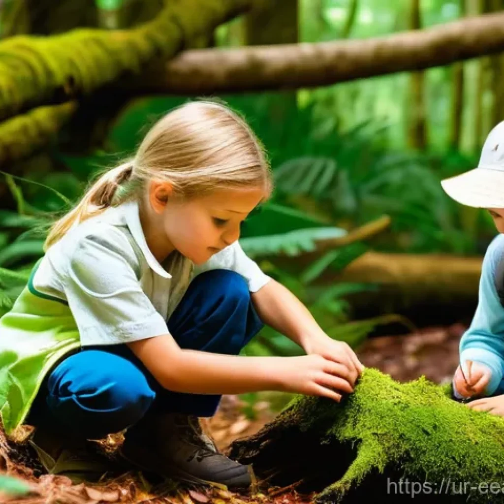 자연 연결 교육 프로그램의 글로벌 사례 - **"Jungle School Adventure:** A vibrant, sun-dappled forest scene where a diverse group of children,...