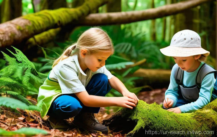 자연 연결 교육 프로그램의 글로벌 사례 - **"Jungle School Adventure:** A vibrant, sun-dappled forest scene where a diverse group of children,...