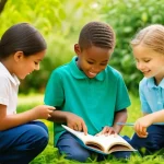 자연 연결 교육 프로그램을 위한 교사 교육 - **Prompt 1: Outdoor Nature Exploration with Teacher**
    "A vibrant, sunny outdoor scene featuring ...