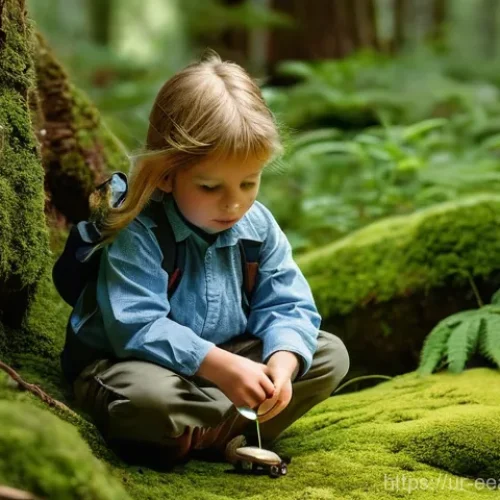 자연 연결 교육 프로그램의 필수 자료와 도구 - **Prompt 1: Child's Discovery of Nature's Tiny Wonders**
    A happy, inquisitive child, about 8 yea...