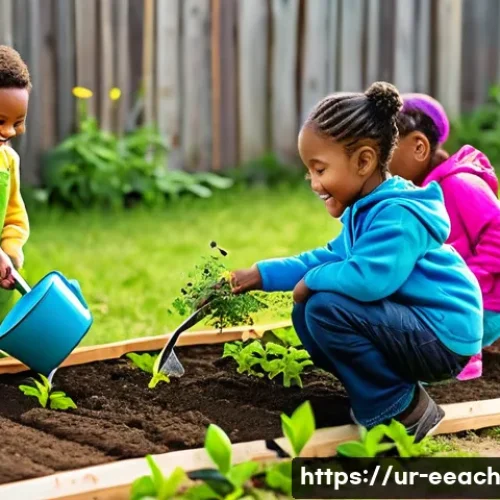 자연 연결 교육 프로그램의 커리큘럼 개발 - **Prompt:** A group of diverse children (aged 6-8) wearing colorful, modest clothing, are planting s...