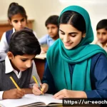 자연 연결 교육 프로그램에서의 심리적 측면 - A diverse classroom scene in a modern Pakistani school, showing a female teacher warmly engaging wit...