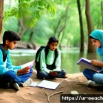 Home 22 자연 연결 교육 프로그램과 청소년 리더십 개발 - A group of diverse South Asian teenagers wearing modest outdoor clothing and backpacks, engaged in a...