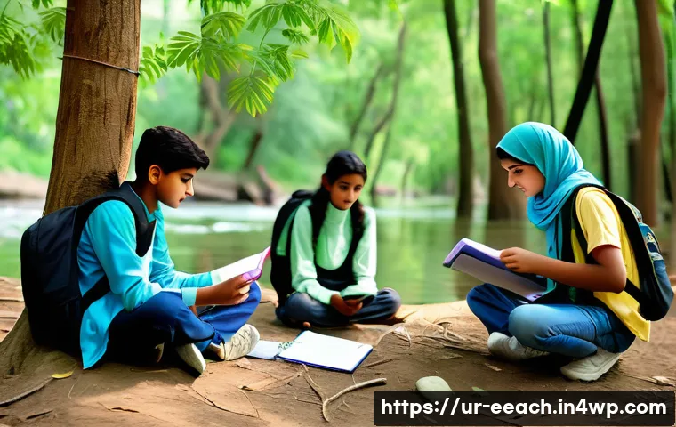 자연 연결 교육 프로그램과 청소년 리더십 개발 - A group of diverse South Asian teenagers wearing modest outdoor clothing and backpacks, engaged in a...