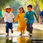 Home 21 자연 연결 교육 프로그램과 지역 사회의 역할 - A vibrant scene of young Urdu-speaking children playing joyfully in a lush, open green park under a ...
