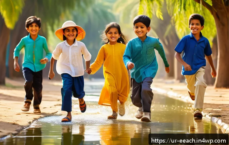 자연 연결 교육 프로그램과 지역 사회의 역할 - A vibrant scene of young Urdu-speaking children playing joyfully in a lush, open green park under a ...