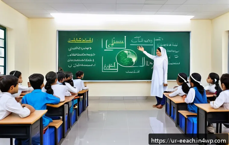 자연 연결 교육 프로그램의 지속 가능한 발전 방안 - A vibrant classroom scene in a modern Pakistani school featuring a diverse group of students and a f...
