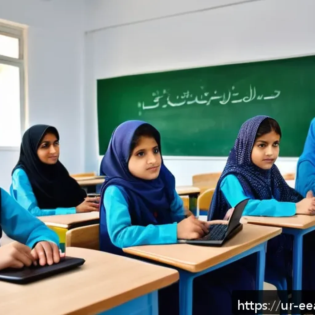자연 연결 교육의 전통적 방법론과 현대적 접근 - A modern classroom scene in Pakistan featuring a diverse group of Urdu-speaking students using digit...