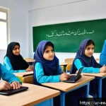 Home 19 자연 연결 교육의 전통적 방법론과 현대적 접근 - A modern classroom scene in Pakistan featuring a diverse group of Urdu-speaking students using digit...