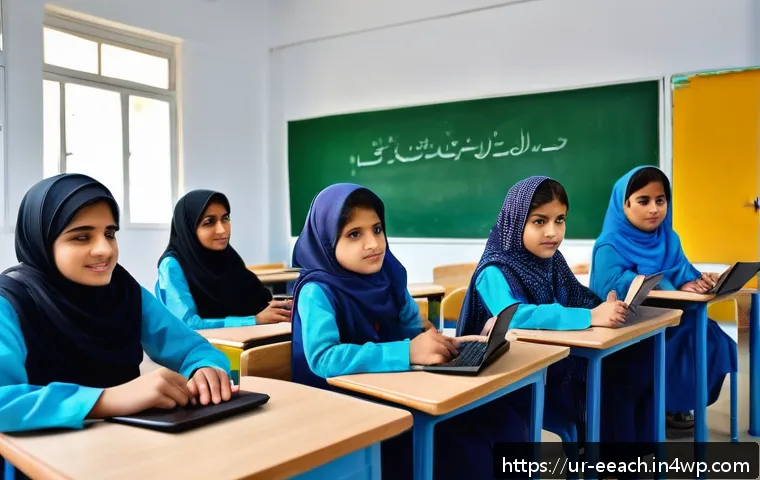 자연 연결 교육의 전통적 방법론과 현대적 접근 - A modern classroom scene in Pakistan featuring a diverse group of Urdu-speaking students using digit...