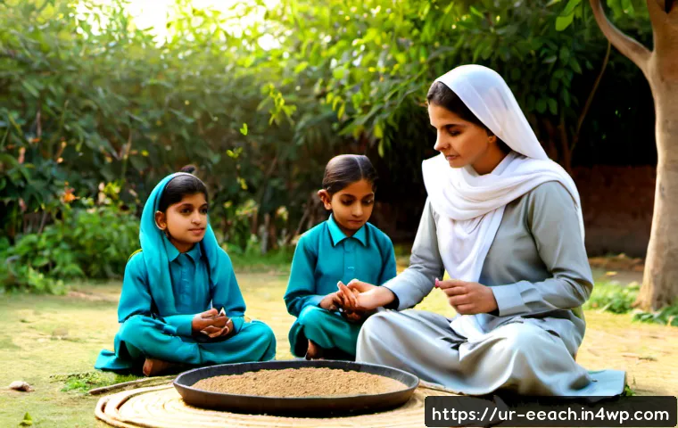Home 17 자연 연결 교육의 이론적 배경 - Photorealistic outdoor learning scene at a Pakistani primary school garden, a warm Urdu-speaking fem...